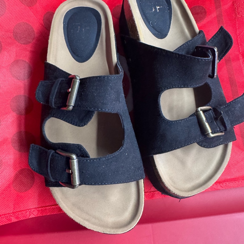 Shoe Dazzle Black and Tan Sandals with Double Buckle Comfort